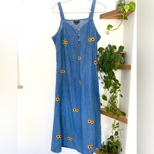 -sold- Vintage 90s Embroidered Sunflower Denim Dress